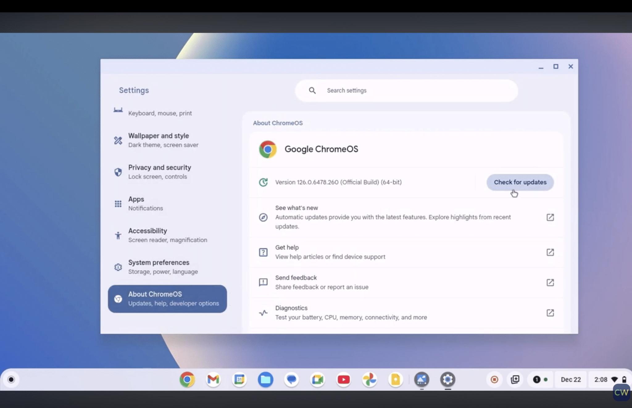 about chromeos page with check for updates button highlighted in settings window how to update a chromebook