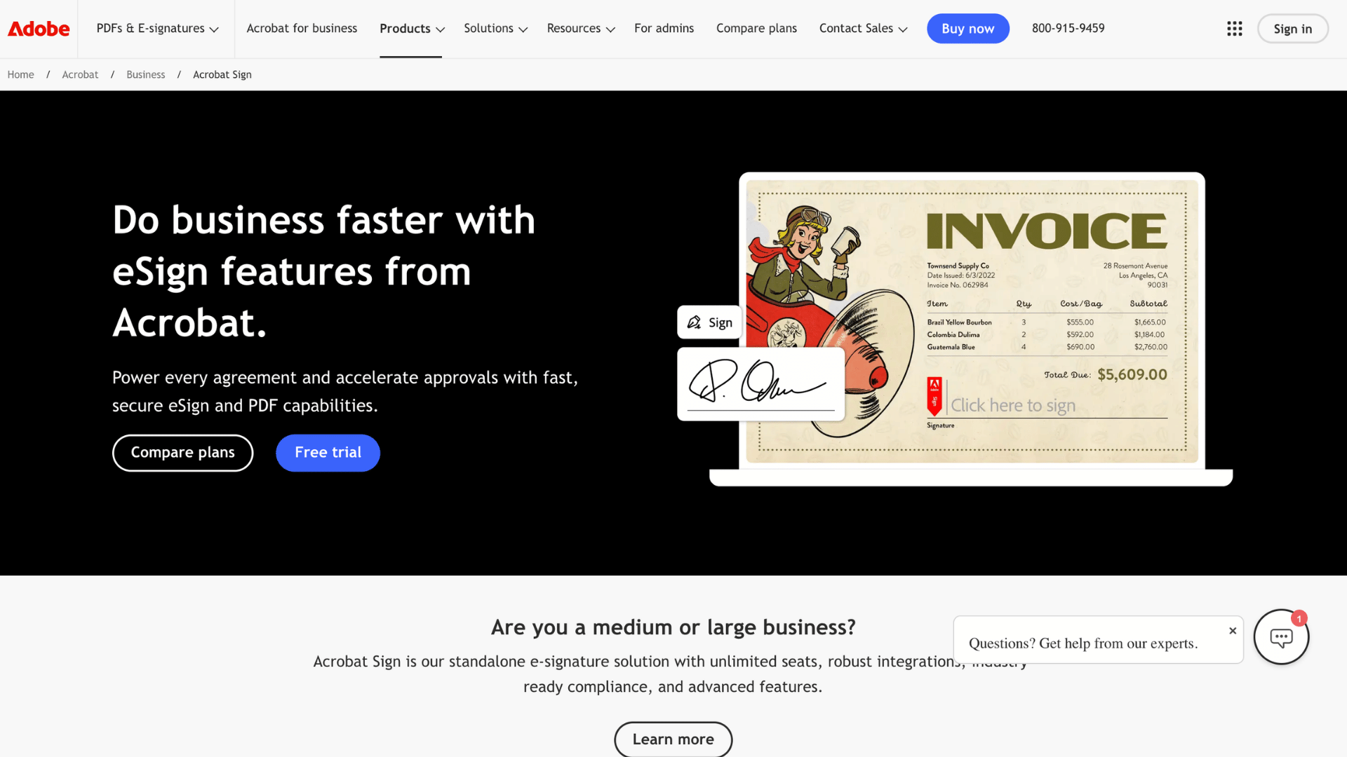 adobe acrobat webpage showing esign tools with invoice example and document tracking services free trial and plans options