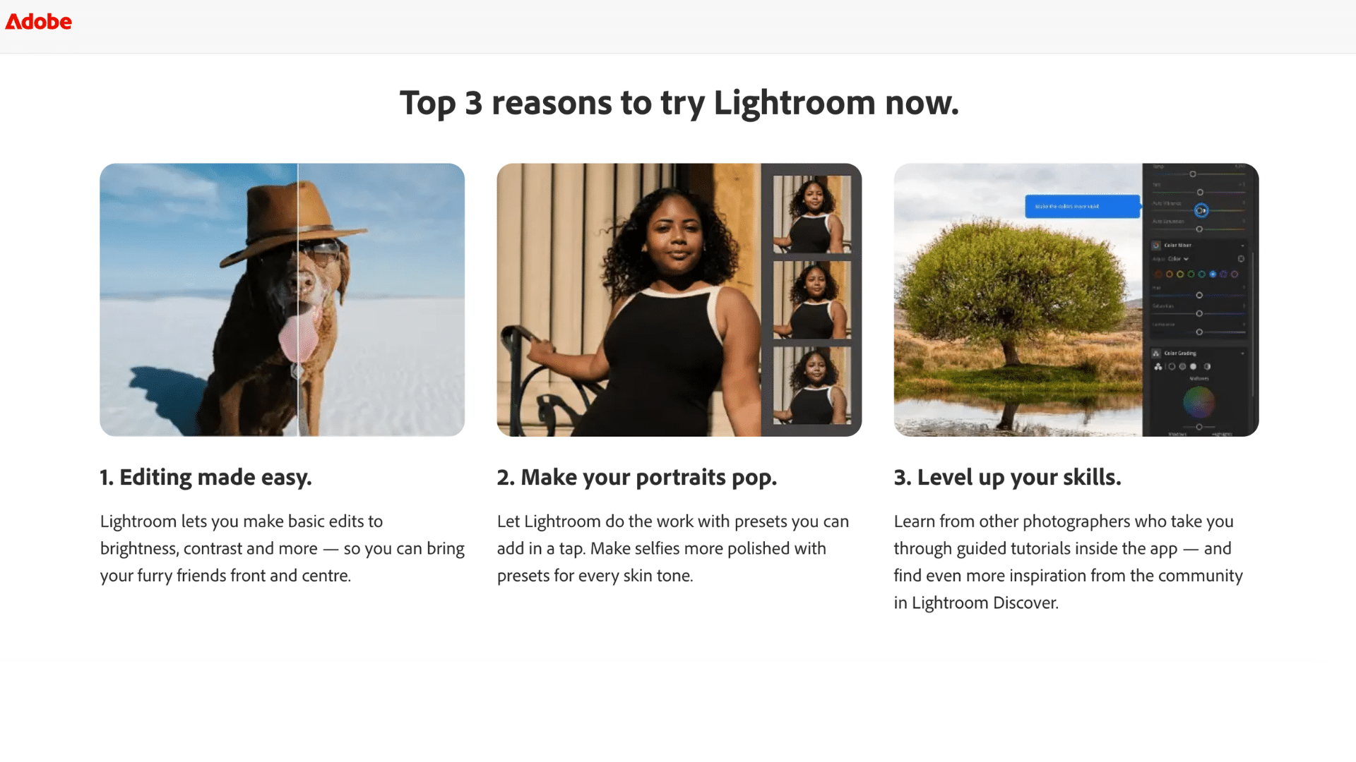 adobe lightroom promotional page showing three examples of photo editing features for portraits and landscapes
