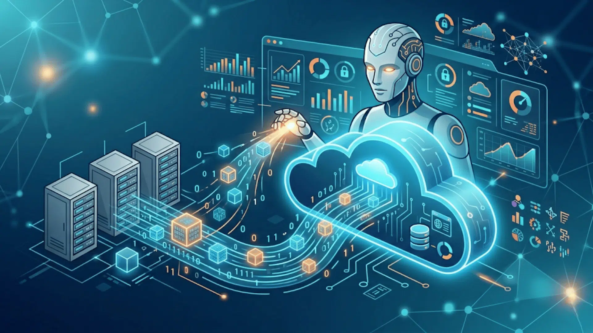 ai robot managing data flow from servers to cloud illustrating what is application migration process