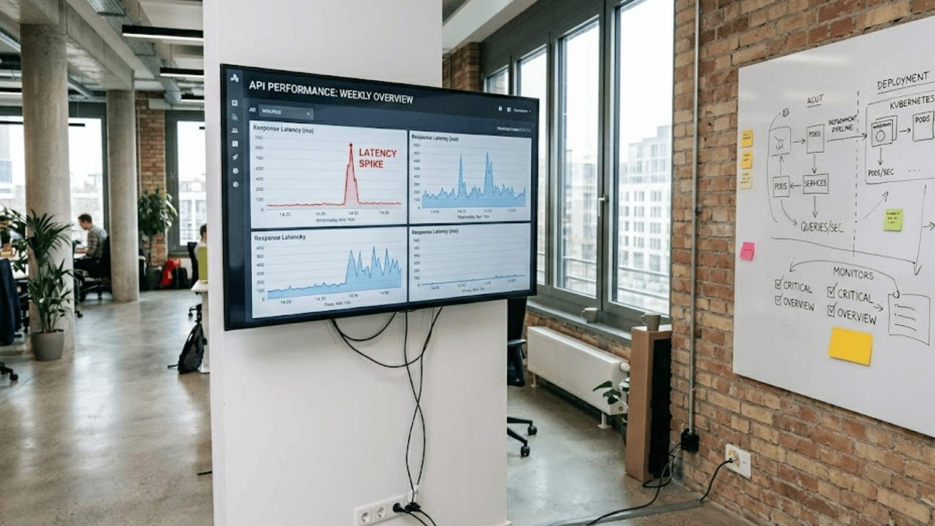 api performance dashboard and deployment workflow displayed in modern office workspace setup