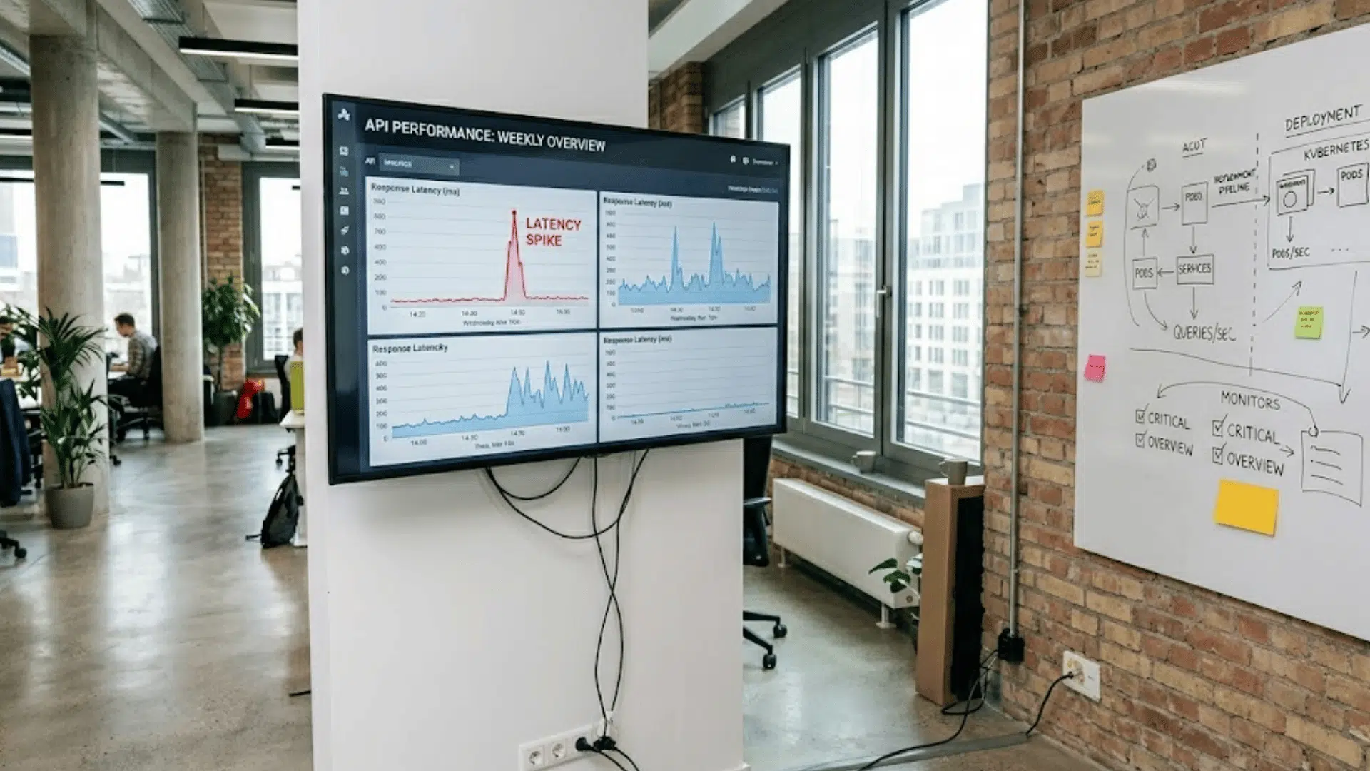 api performance dashboard and deployment workflow displayed in modern office workspace setup