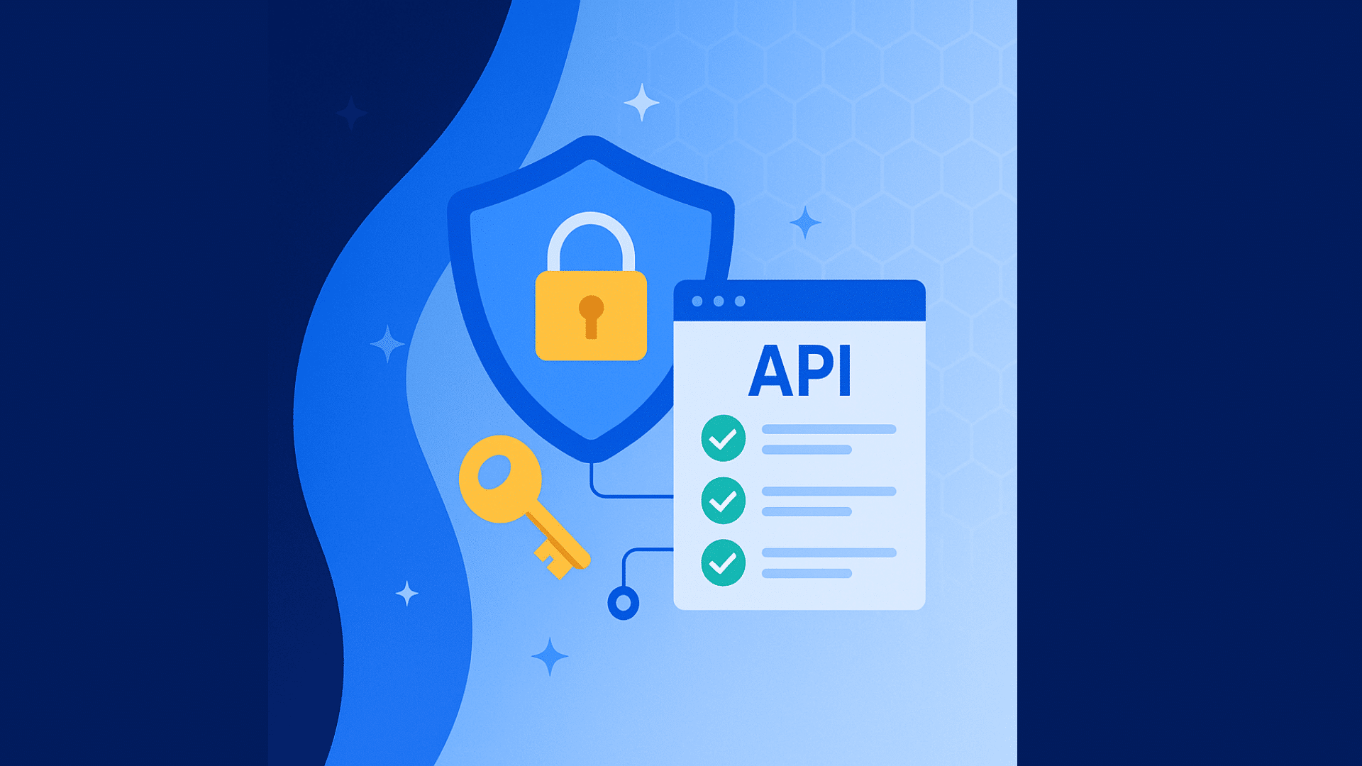 api security tools illustration with shield lock key and api checklist for secure digital data protection