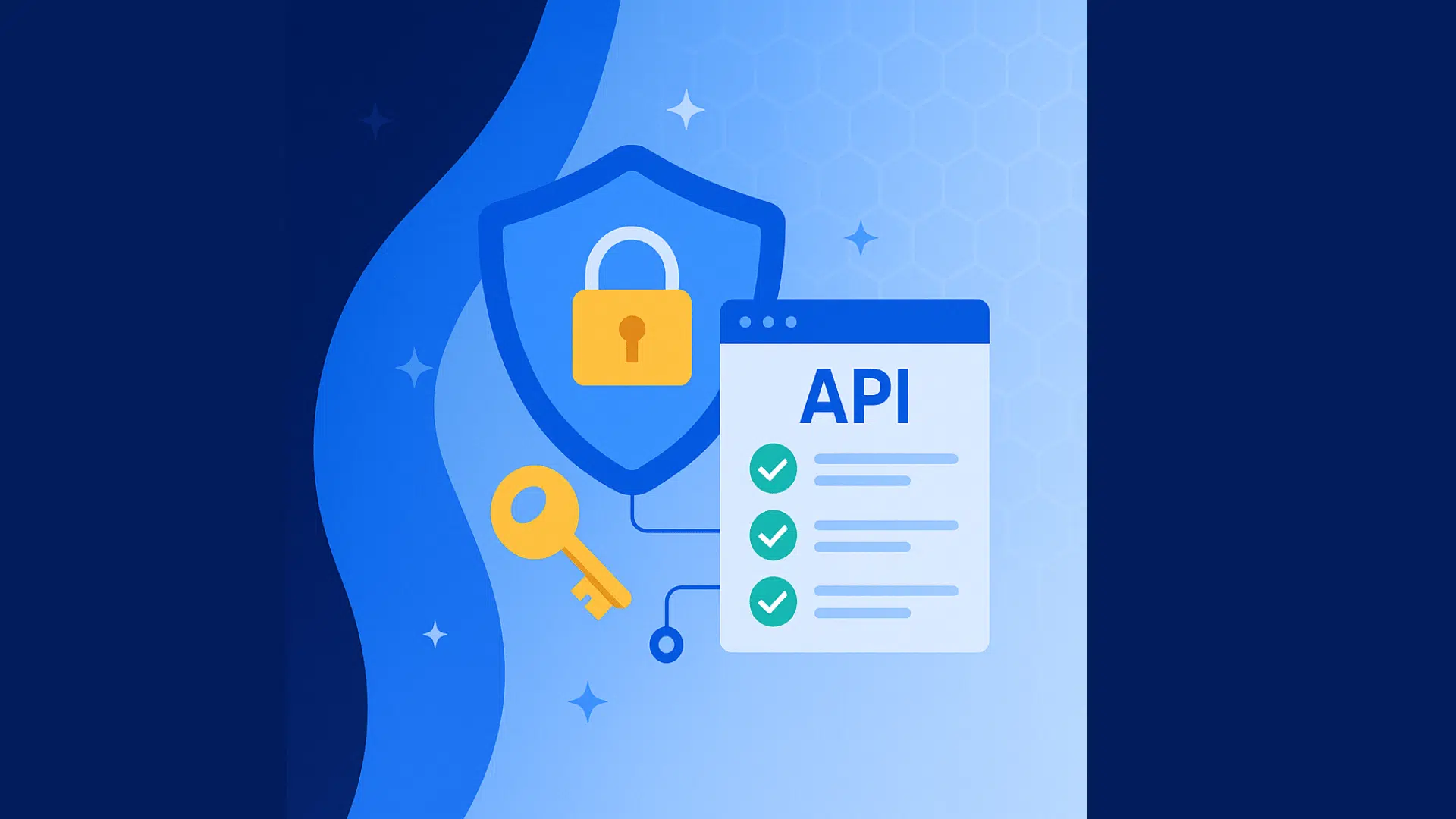 api security tools illustration with shield lock key and api checklist for secure digital data protection
