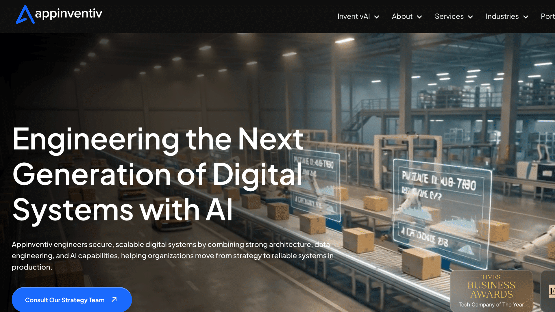 appinventiv homepage featuring ai powered digital systems and advanced software engineering services