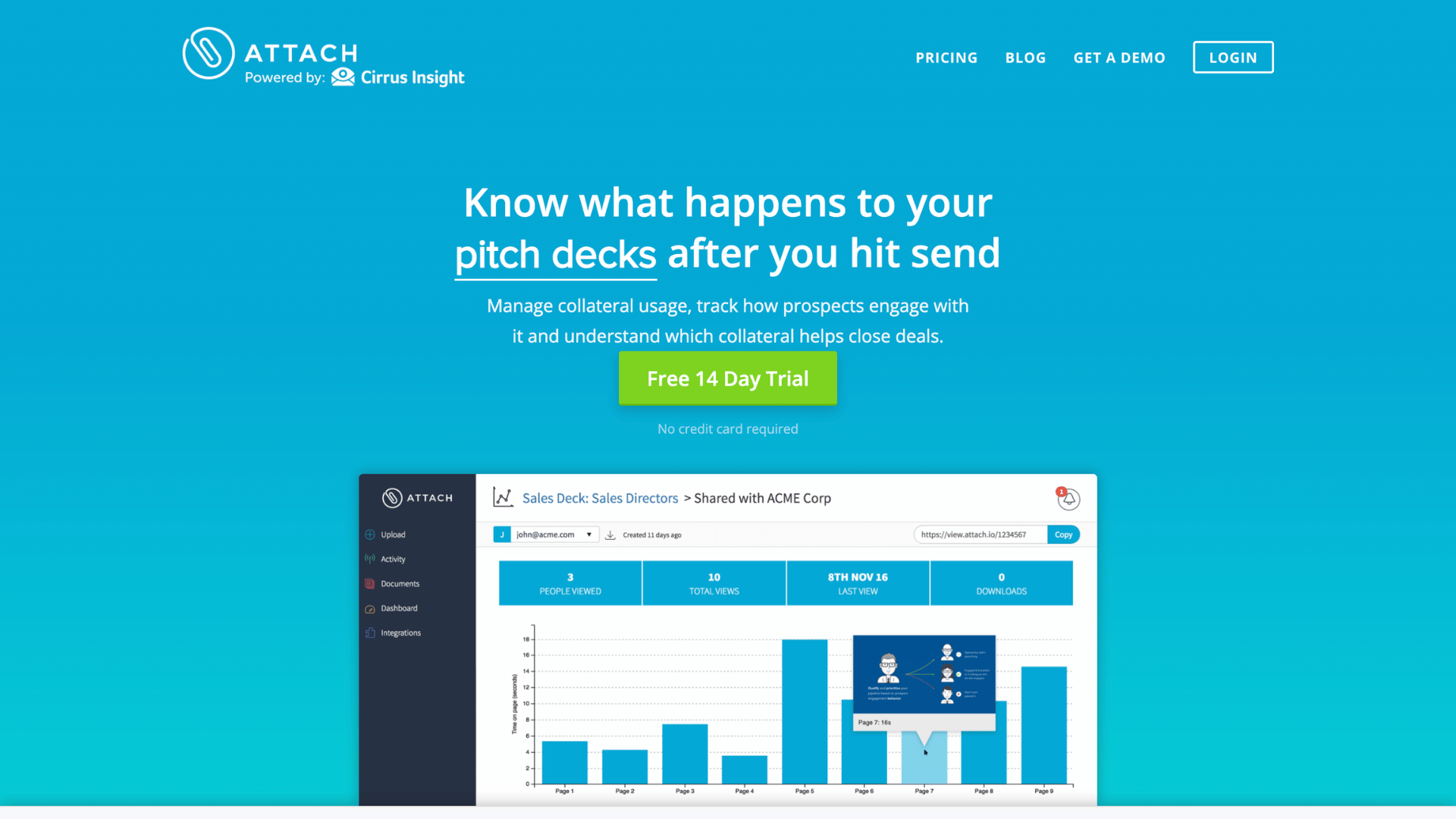 attach platform webpage showing document tracking services dashboard with sales engagement
