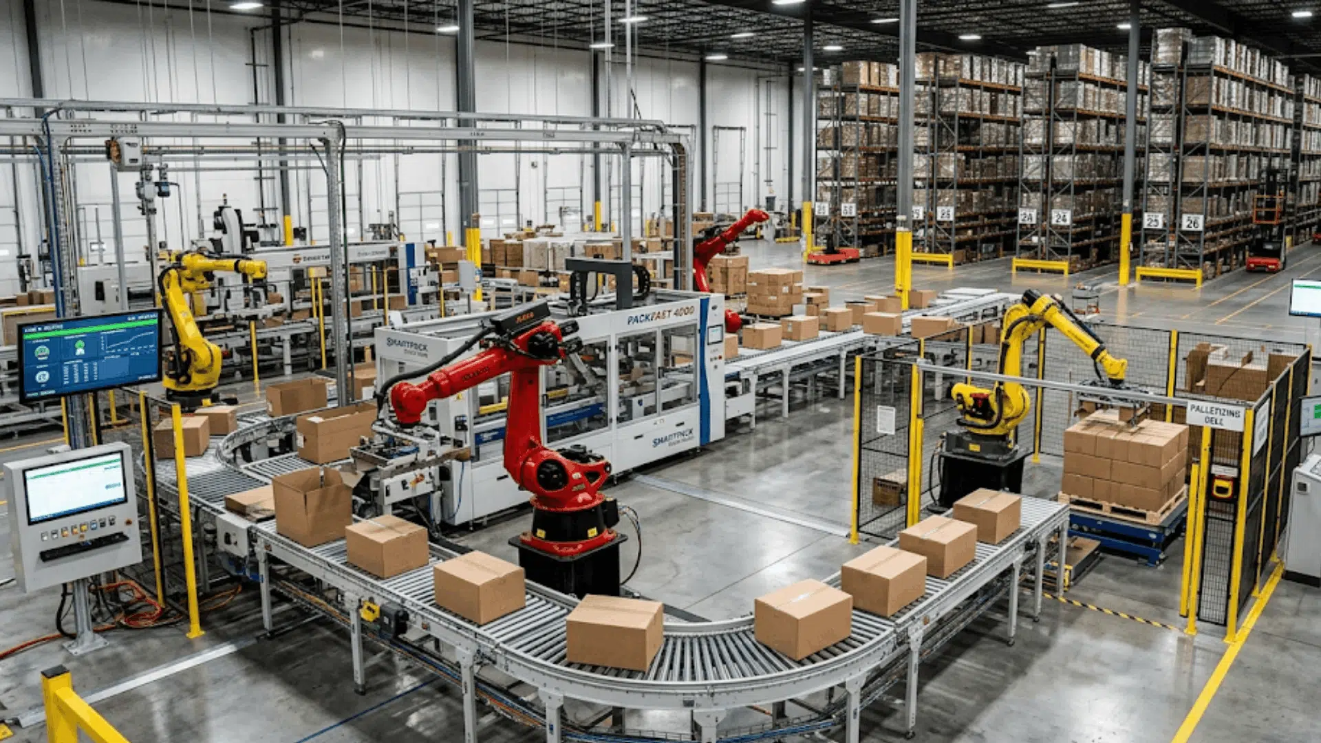 automated warehouse with robotic arms moving boxes on conveyor systems inside large factory (1)