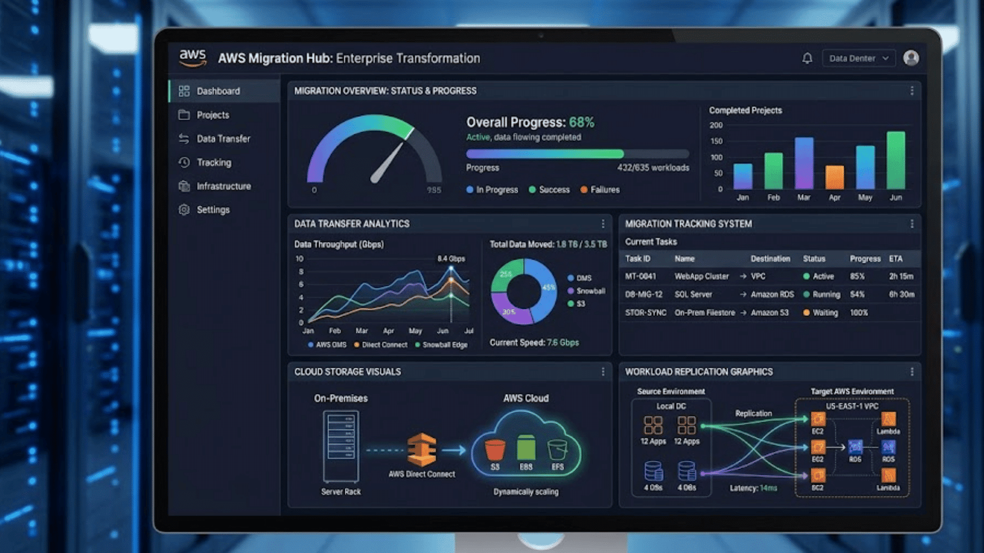 aws migration hub dashboard displaying enterprise cloud transformation progress data