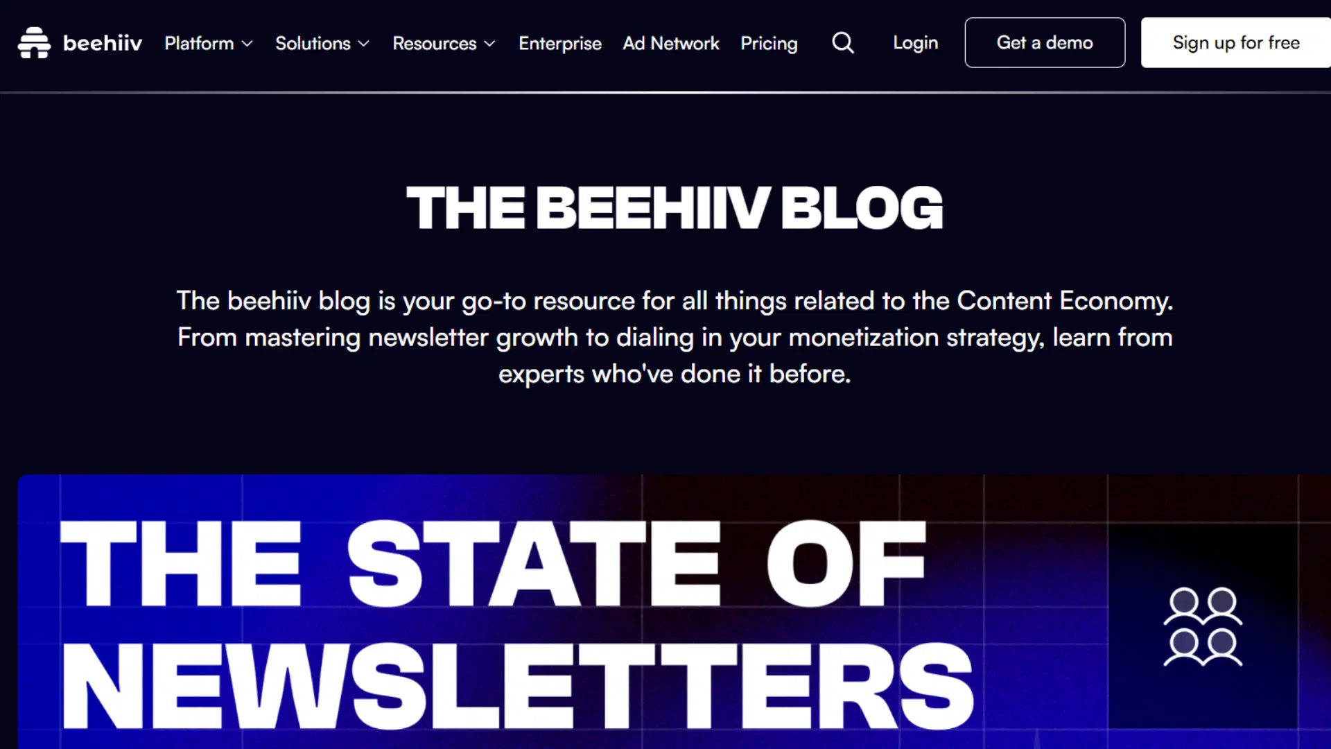 beehiiv blog homepage showing newsletter growth resources and featured content section