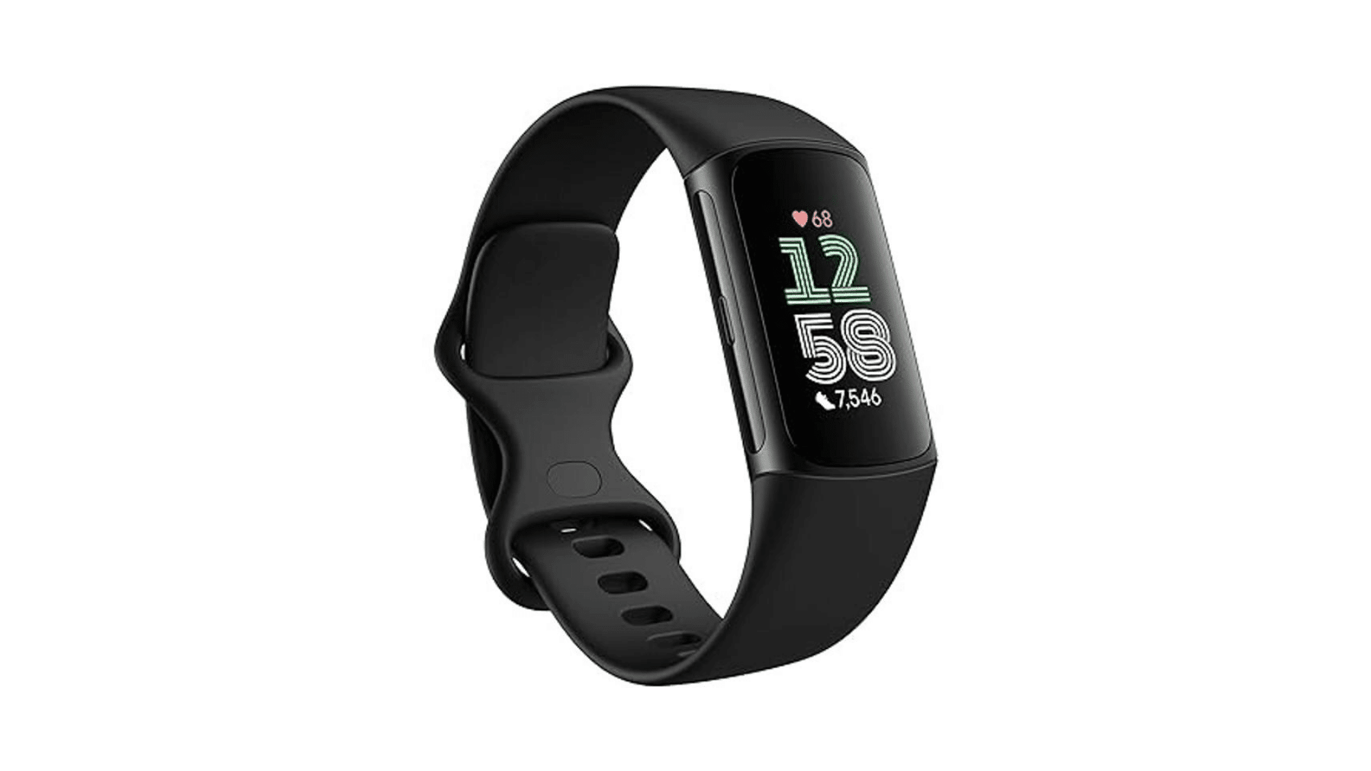 black fitness tracker band with digital screen displaying time heart rate and step count on a plain background