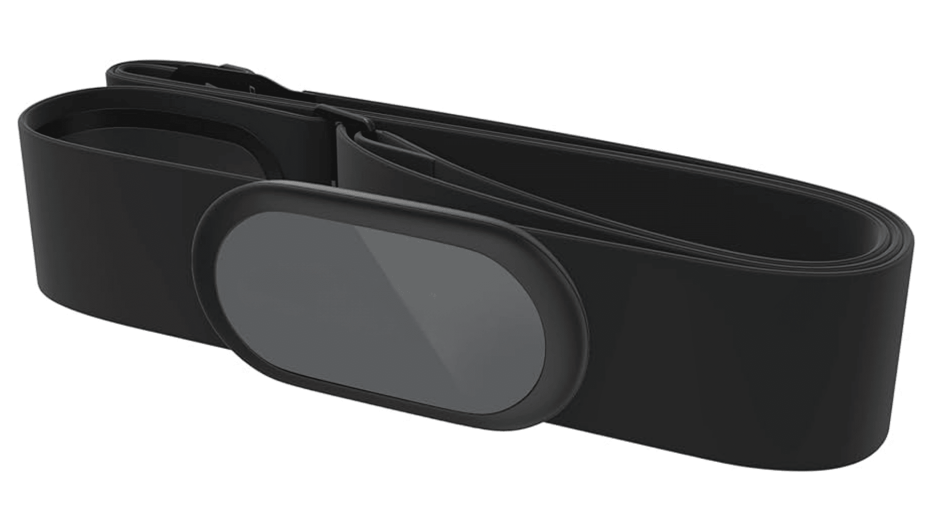 black strip heart rate monitor strap with attached sensor placed on a light background