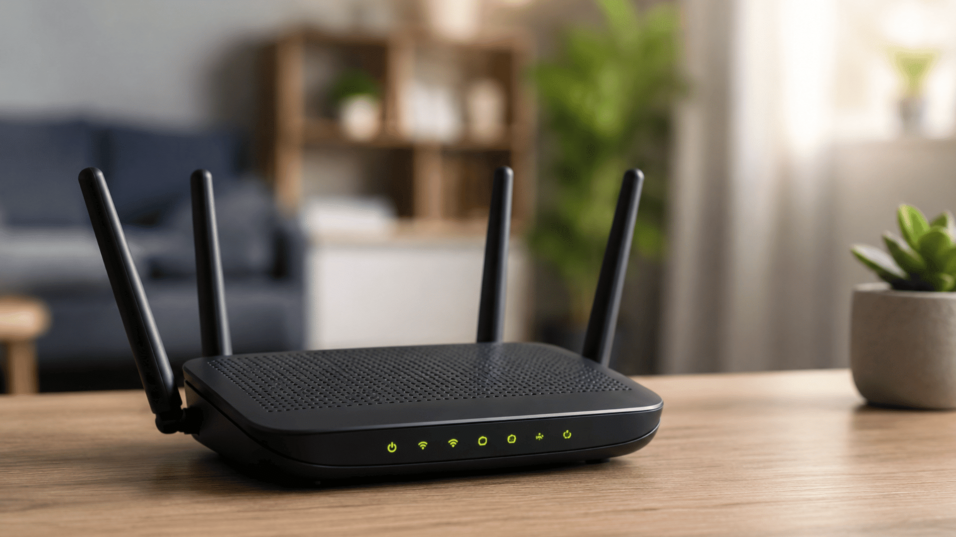 black wifi router with four antennas on wooden table in modern home living room setting