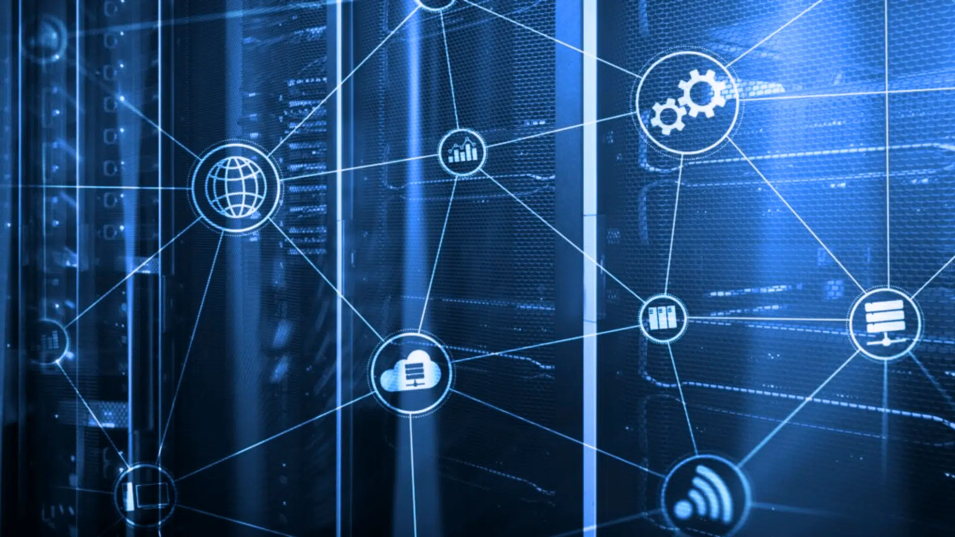 blue server racks with connected cloud network icons showing data storage and digital infrastructure