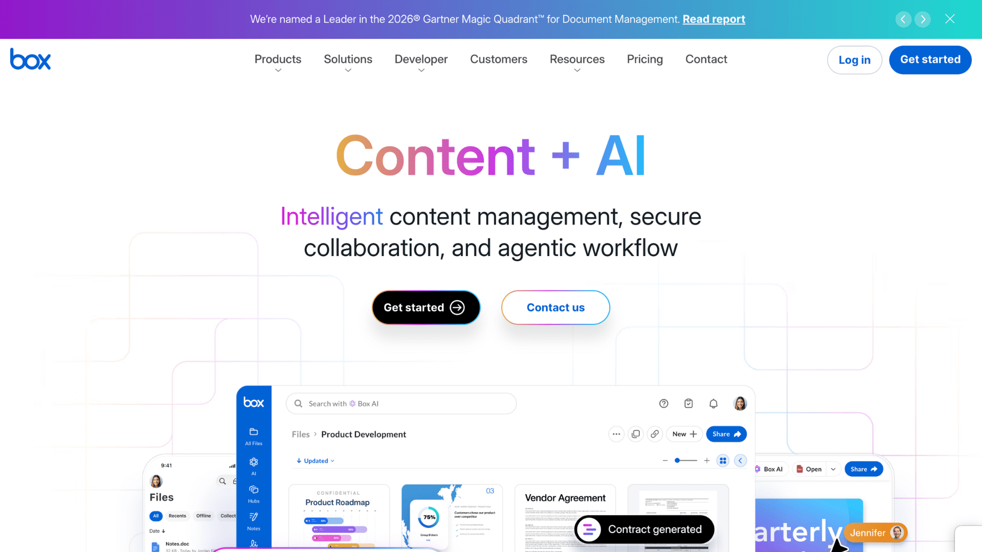 box homepage showing content ai platform with document tracking services secure collaboration and workflow management tools