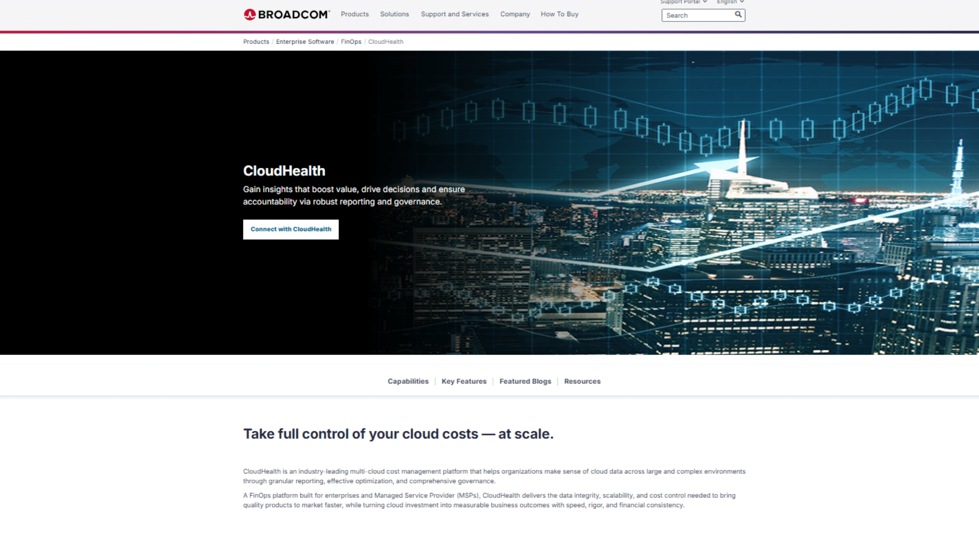 broadcom cloudhealth page showing cloud cost management platform with city skyline and analytics graphics