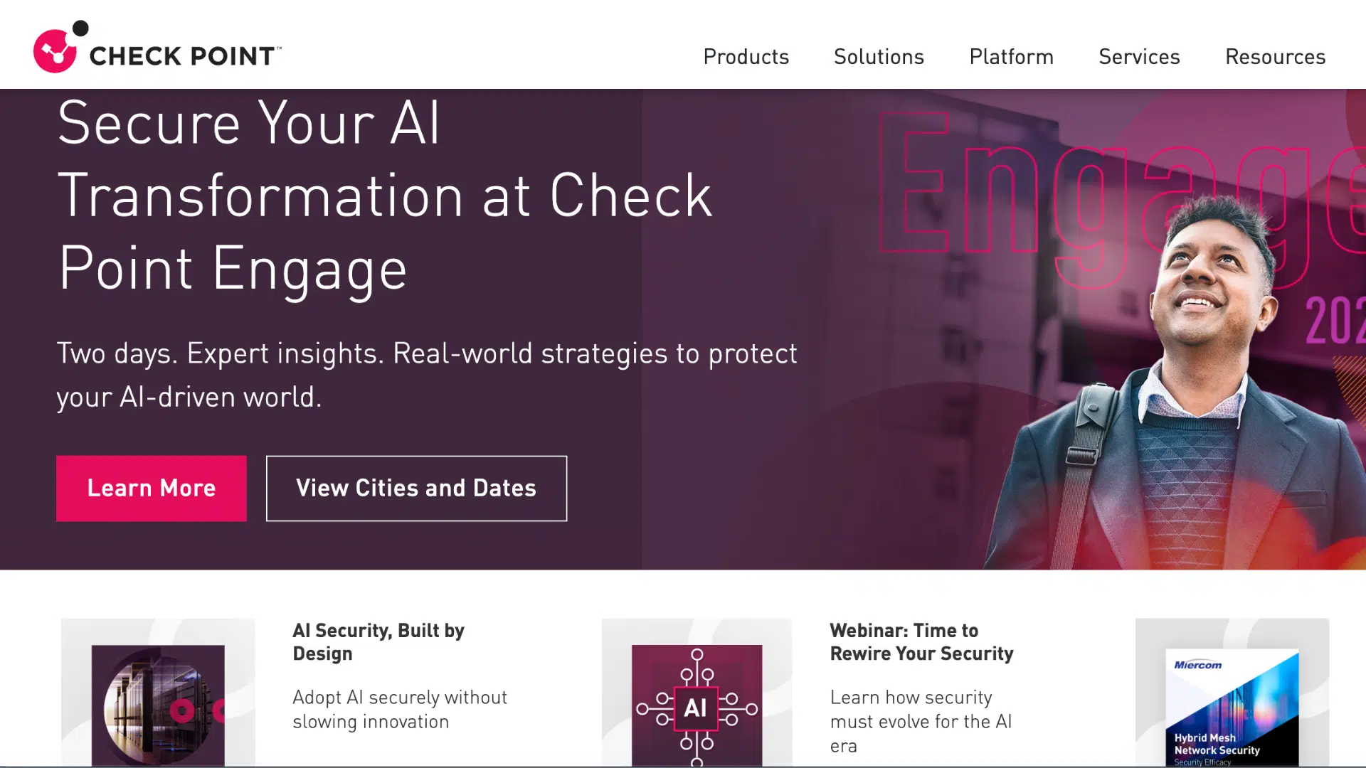 check point homepage banner promoting ai security event with businessman portrait and cybersecurity conference details displayed