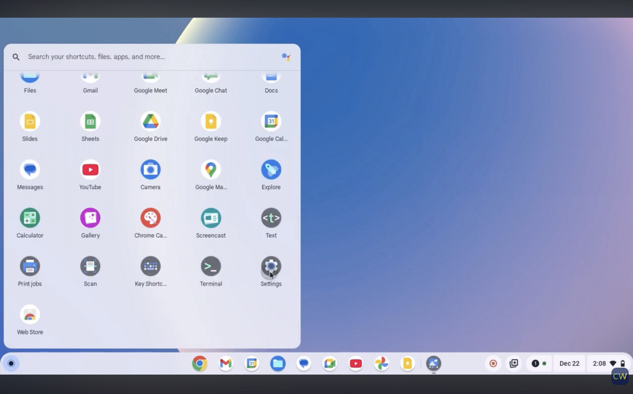 chromeos app launcher open with grid of google apps and settings icon highlighted on desktop how to update a chromebook