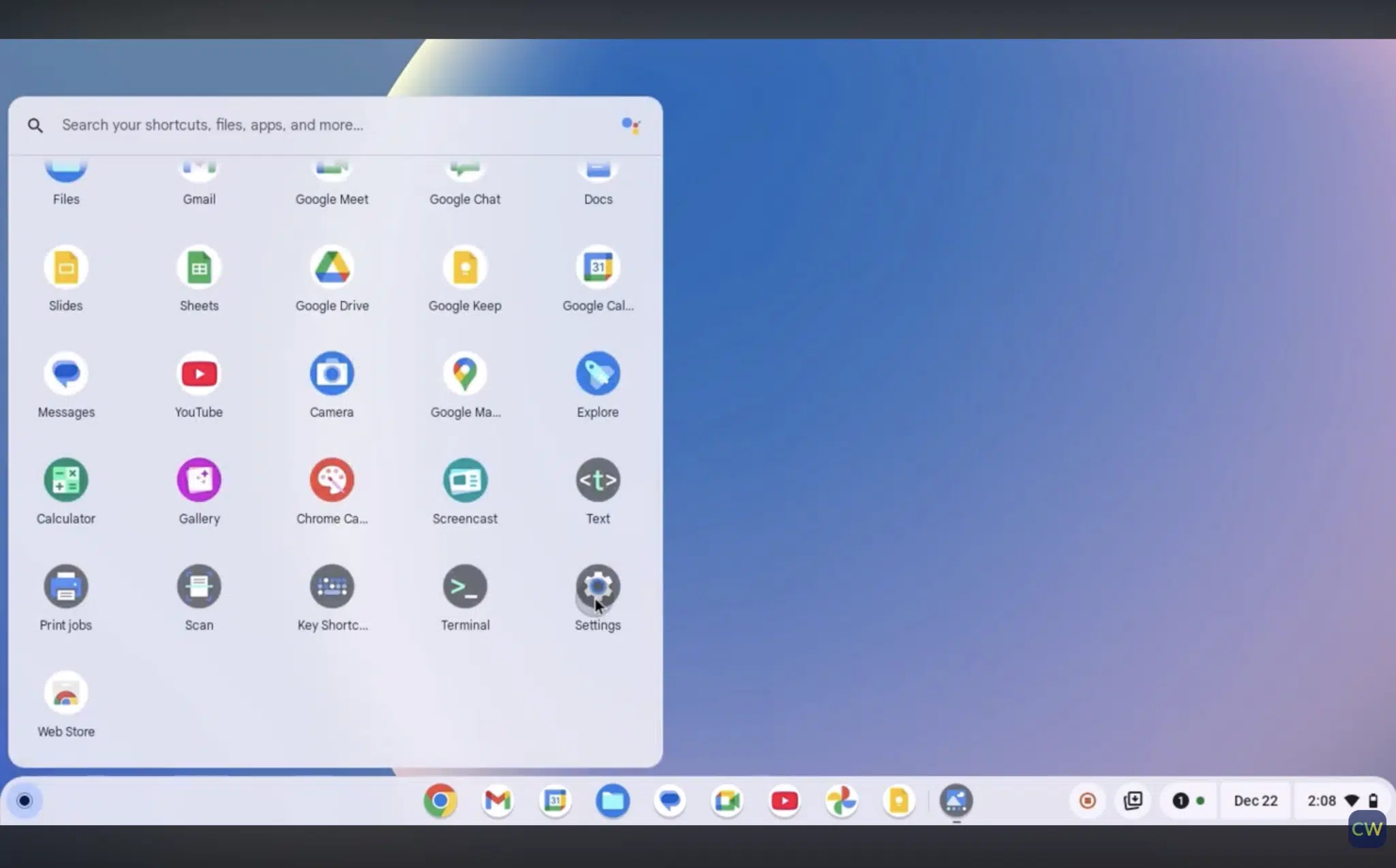 chromeos app launcher open with grid of google apps and settings icon highlighted on desktop how to update a chromebook