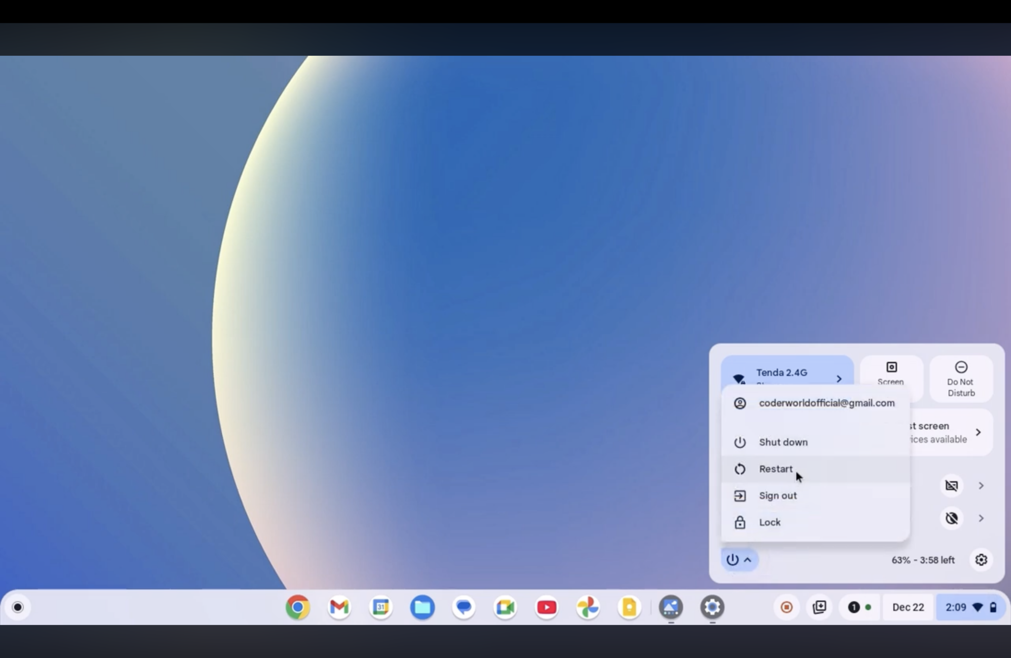 chromeos quick settings panel open with power menu showing shut down restart sign out and lock options how to update a chromebook
