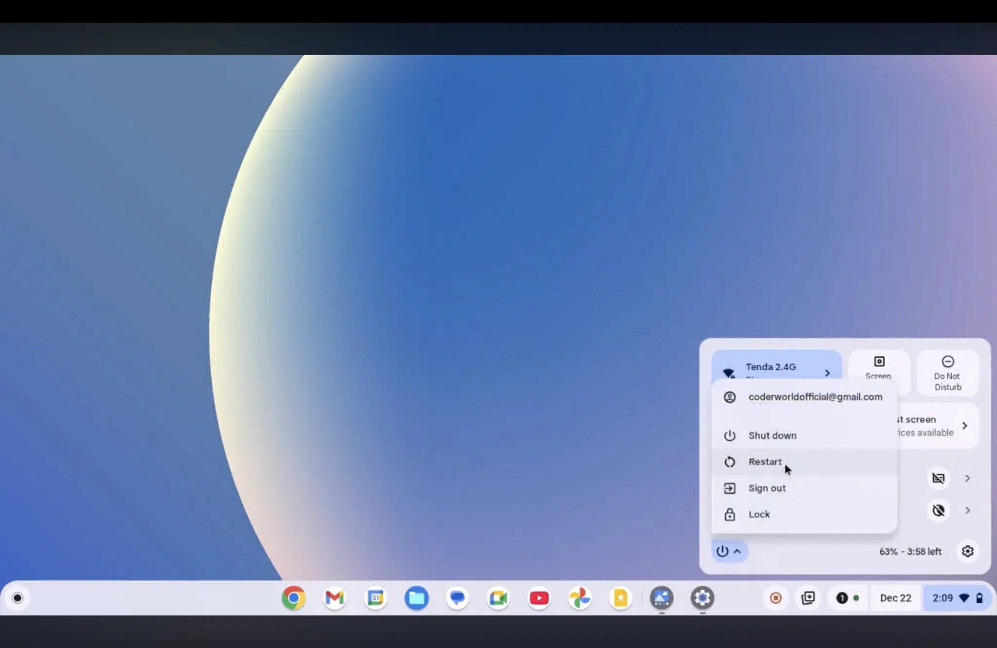 chromeos quick settings panel open with power menu showing shut down restart sign out and lock options how to update a chromebook