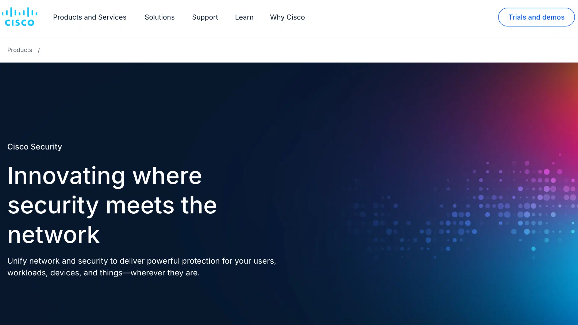 cisco security webpage promoting unified network protection with abstract gradient graphics and connected digital pattern