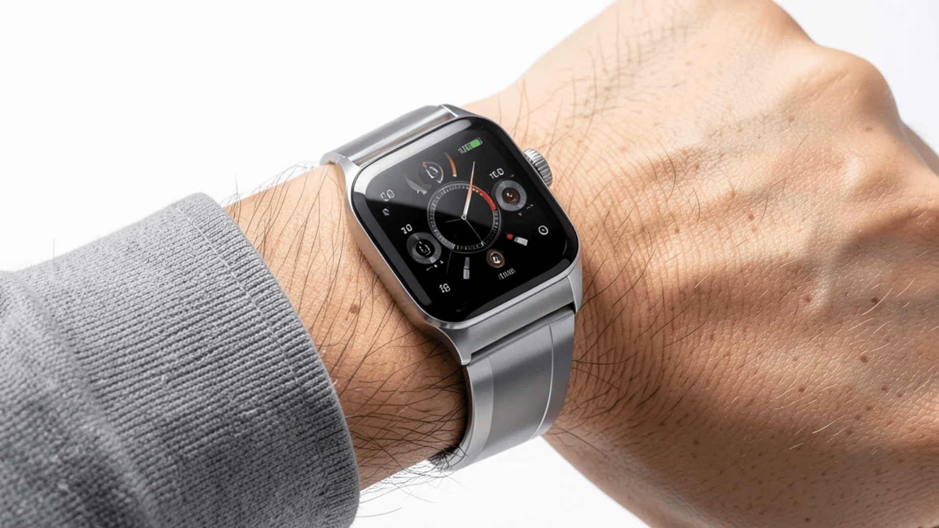close up of a hand wearing a smart watch with digital display showing time and metrics on a light background