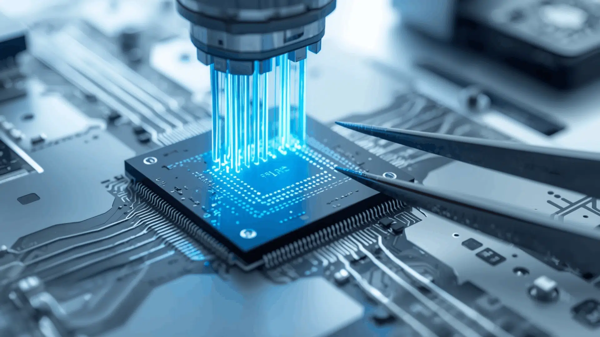 close up of chip on circuit board with blue light beams and precision tools showing silicon photonics manufacturing process (1)