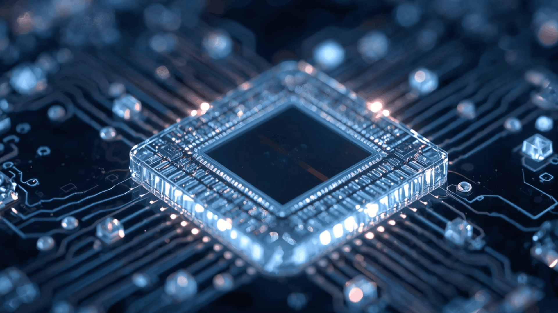 close up of optical computing chip with glowing connections on circuit board in dark tech environment (1)