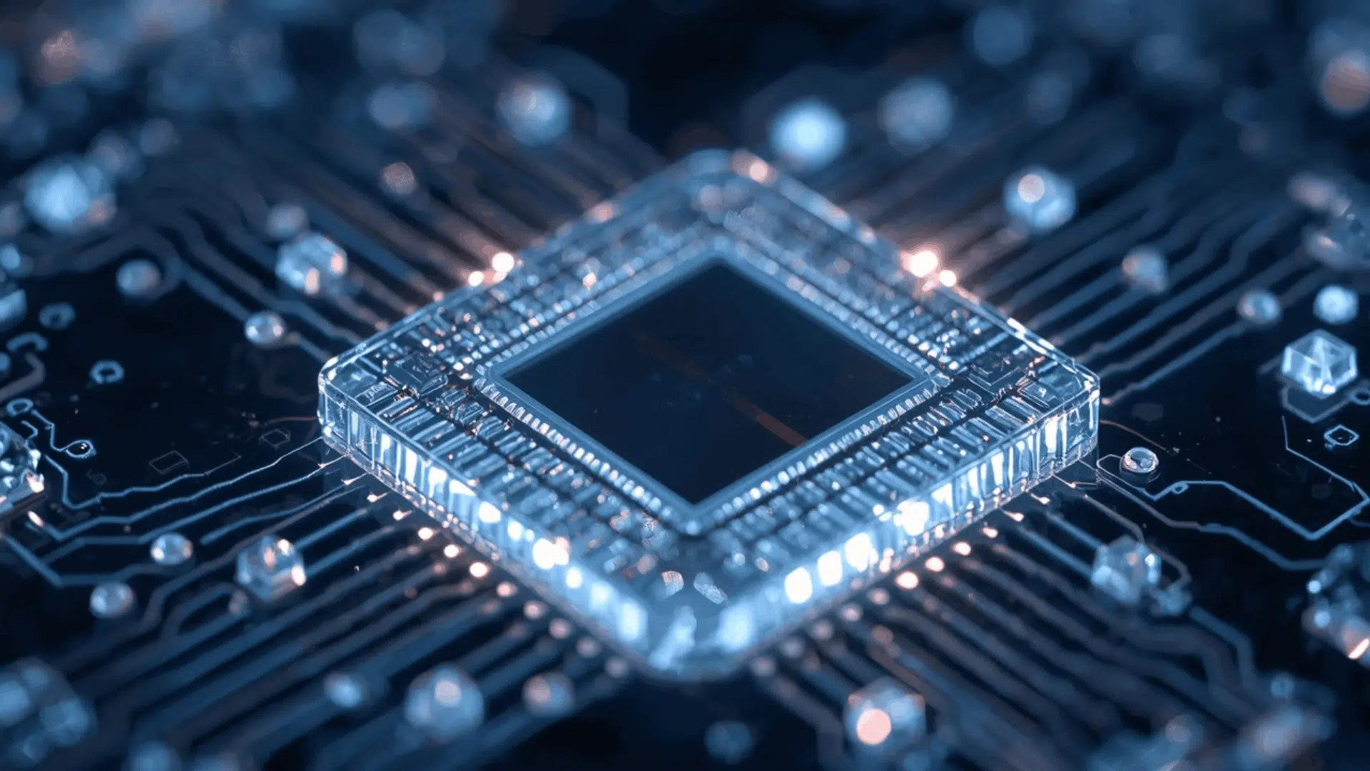 close up of optical computing chip with glowing connections on circuit board in dark tech environment (1)