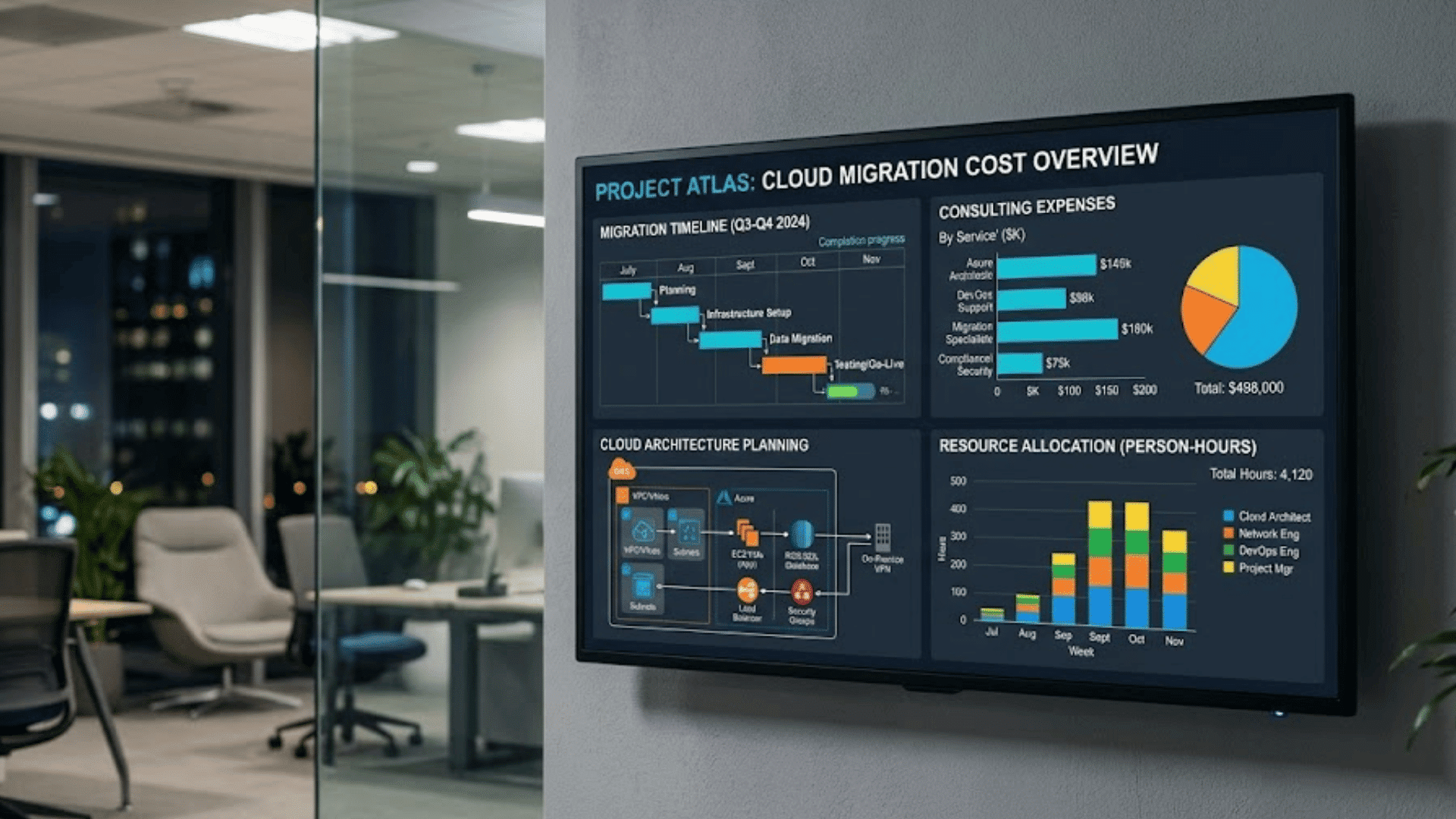 cloud migration cost overview dashboard displayed in modern enterprise office room