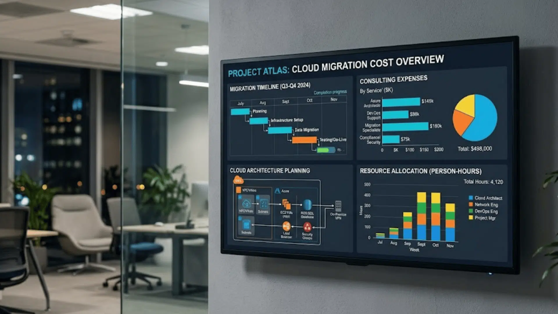 cloud migration cost overview dashboard displayed in modern enterprise office room
