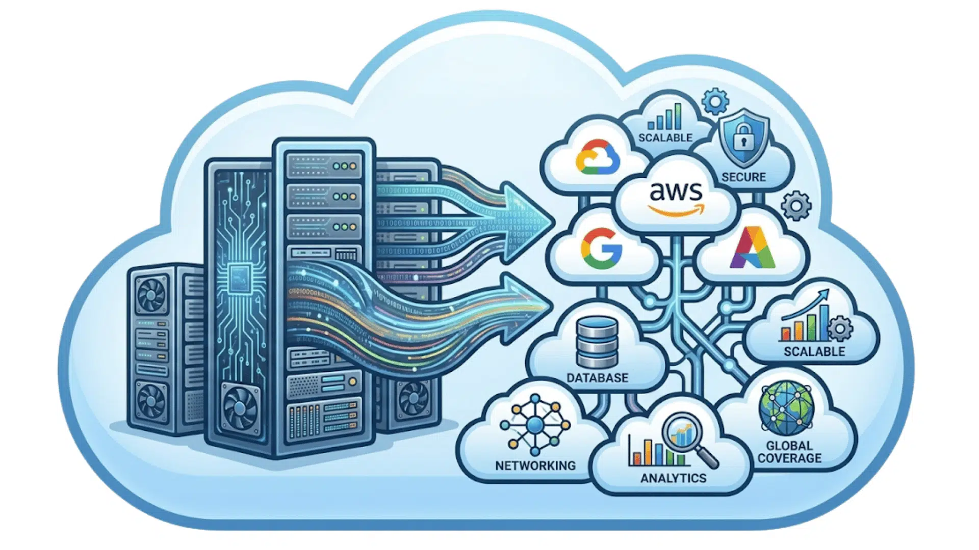 cloud migration showing servers sending data to cloud platforms explaining what is application migration