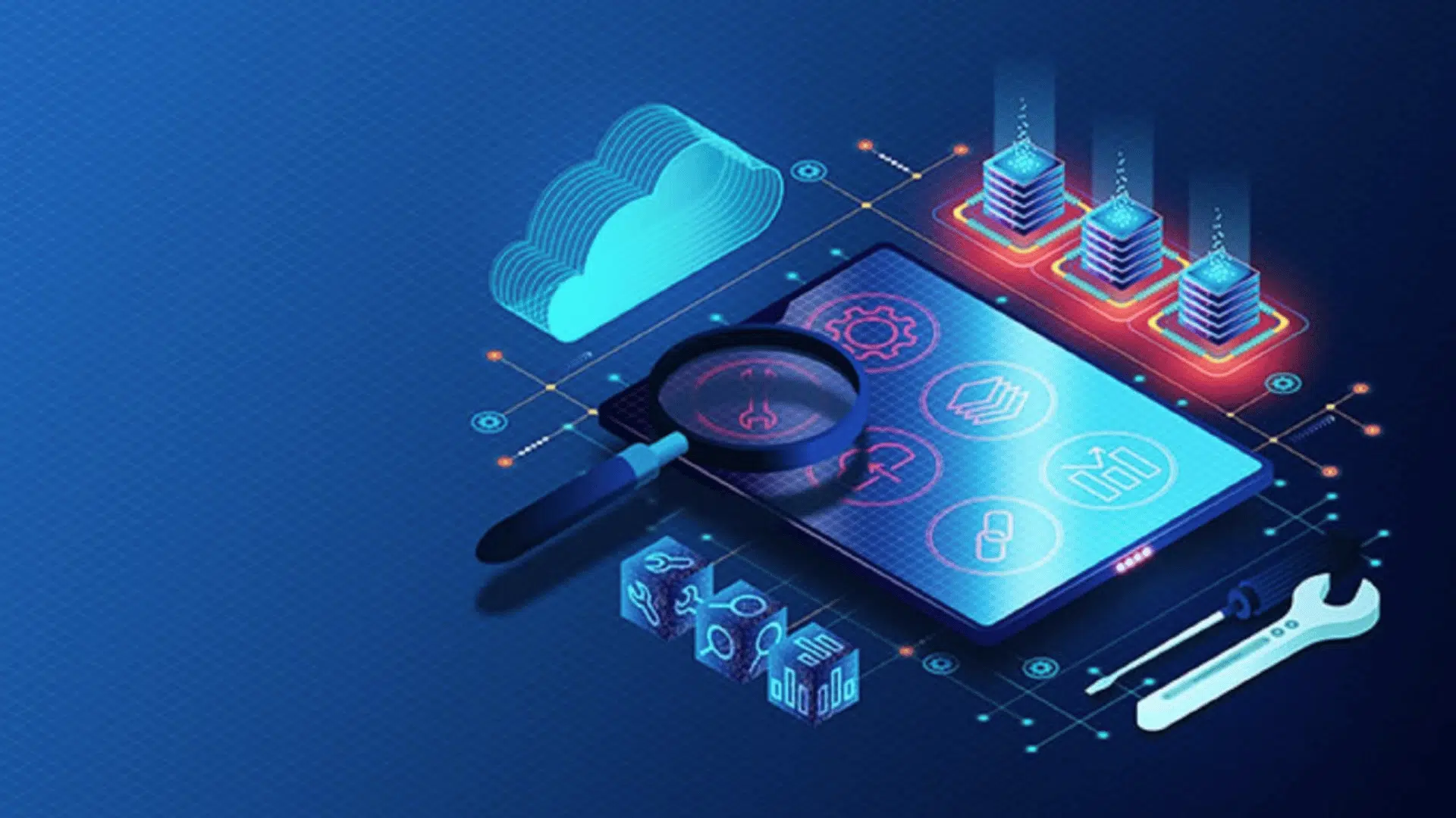 cloud monitoring dashboard with magnifying glass servers tools and cloud network performance analytics