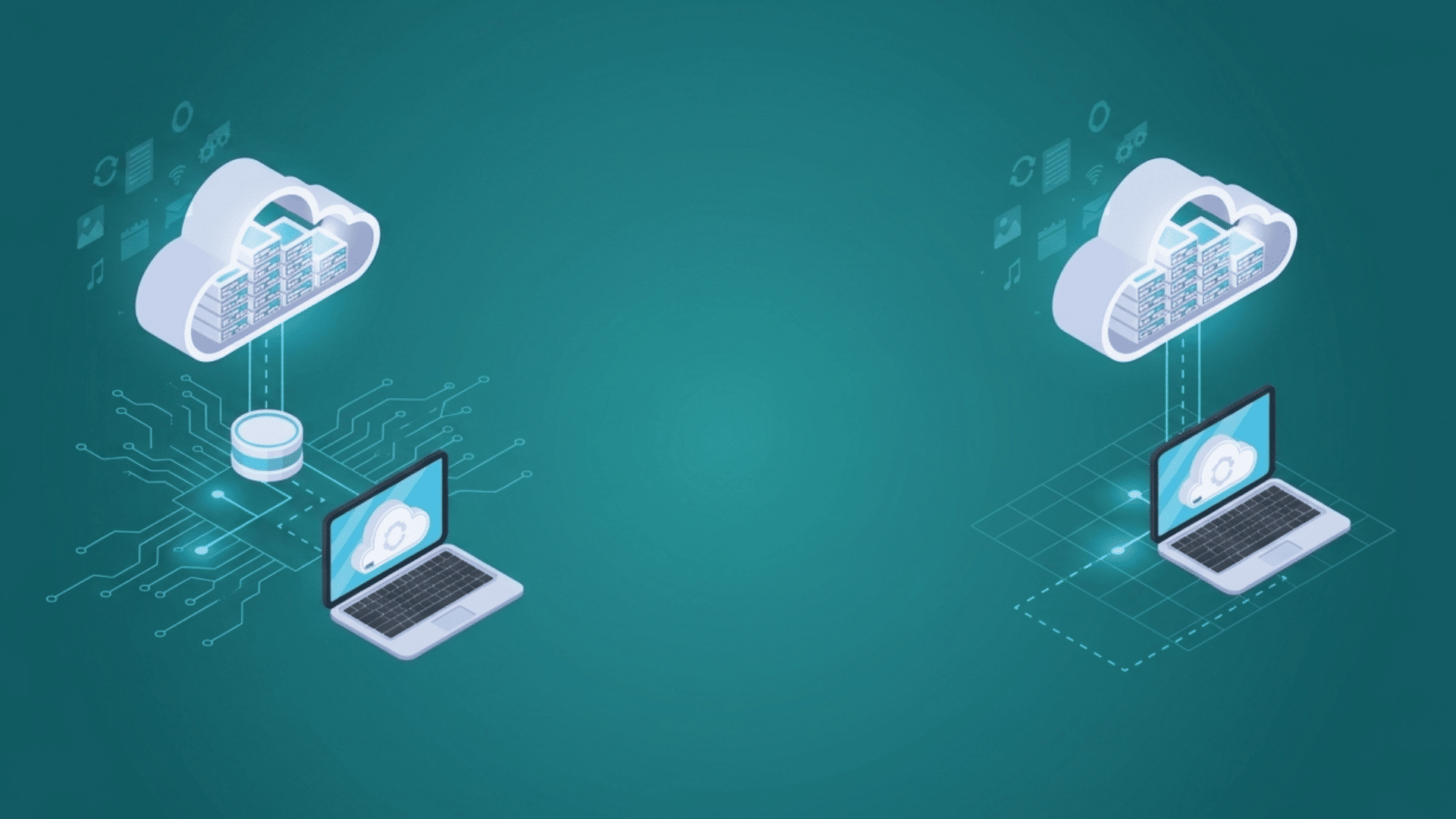 cloud server connected to laptop showing data transfer and network computing concept with digital circuits and storage