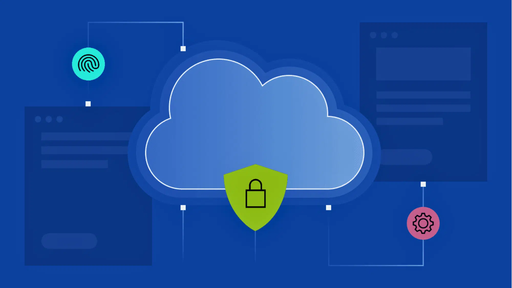 cloud with lock icon and security shield connected to interface elements representing cloud native security practices