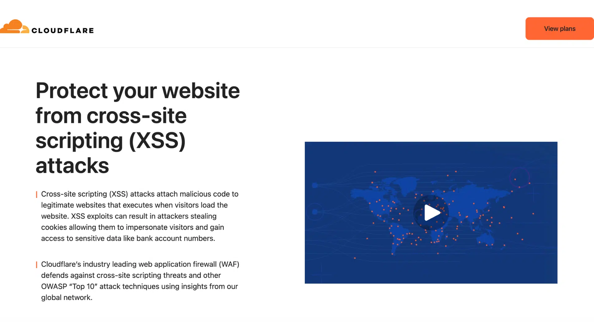 cloudflare webpage explaining protection against cross site scripting xss attacks with global network video graphic