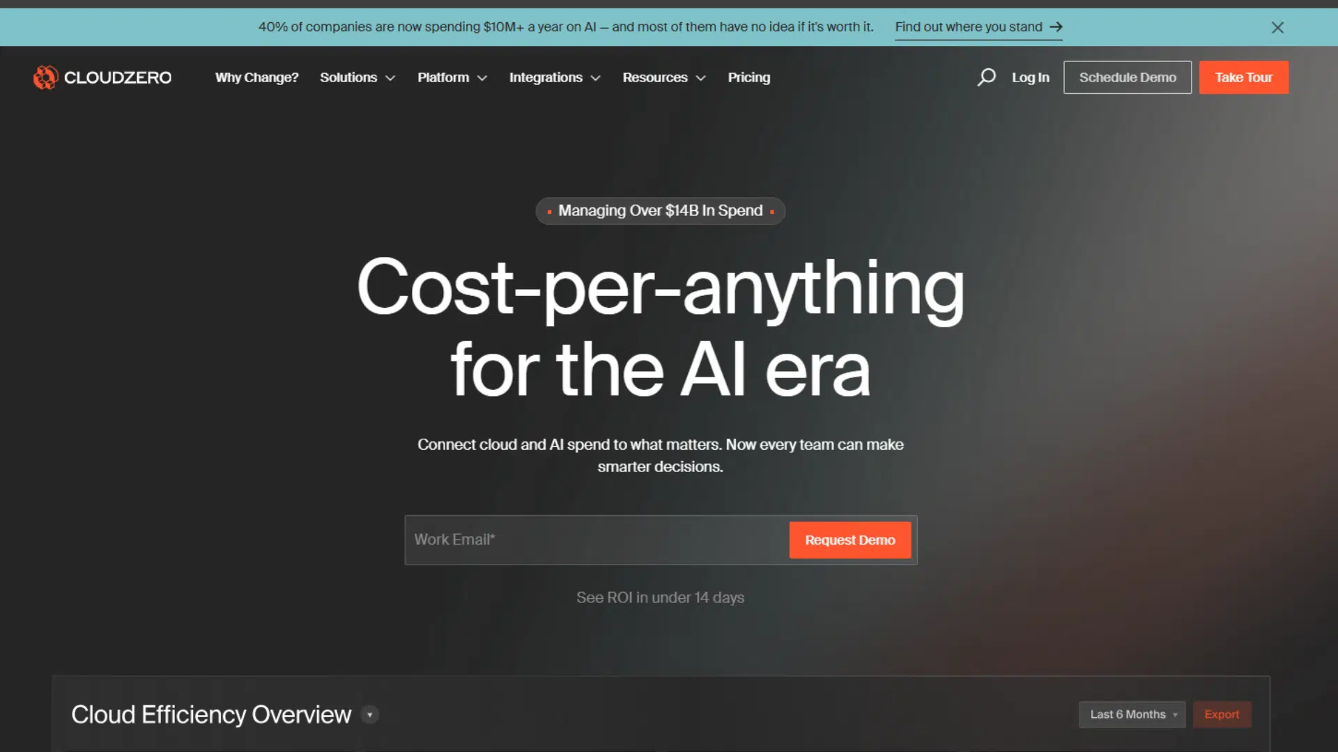 cloudzero website homepage showing ai cost platform headline and demo form clean