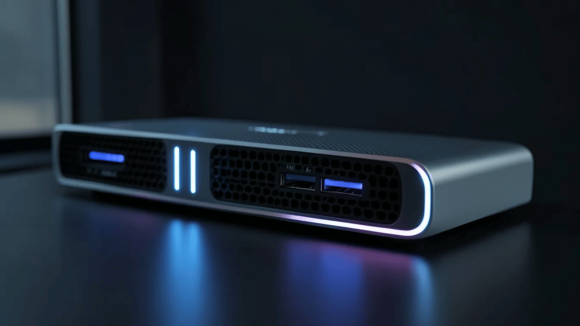 compact desktop mini pc with glowing led lights and front usb ports placed on a dark reflective surface