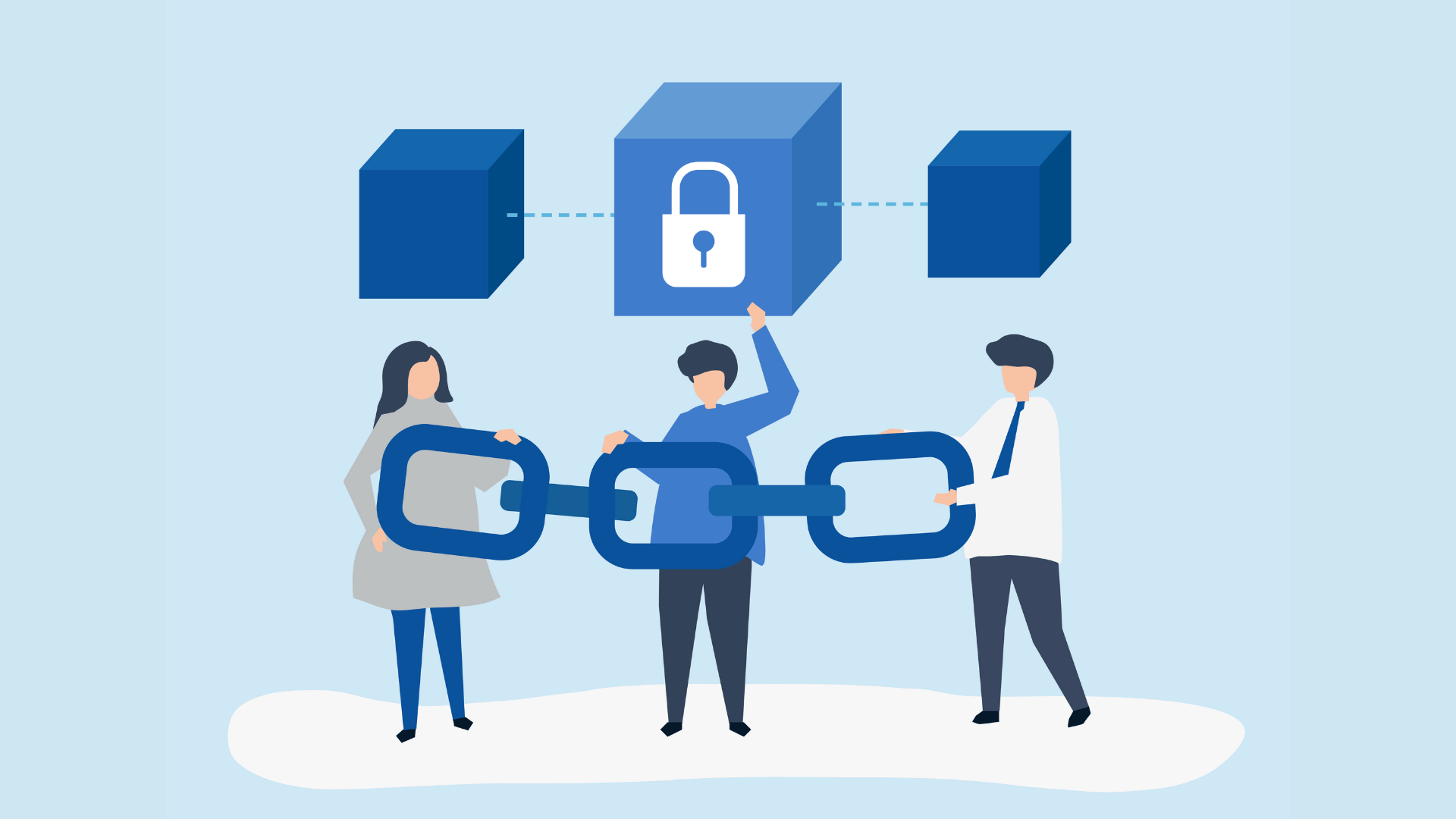 custom blockchain development services concept with people linking blocks and security lock illustration