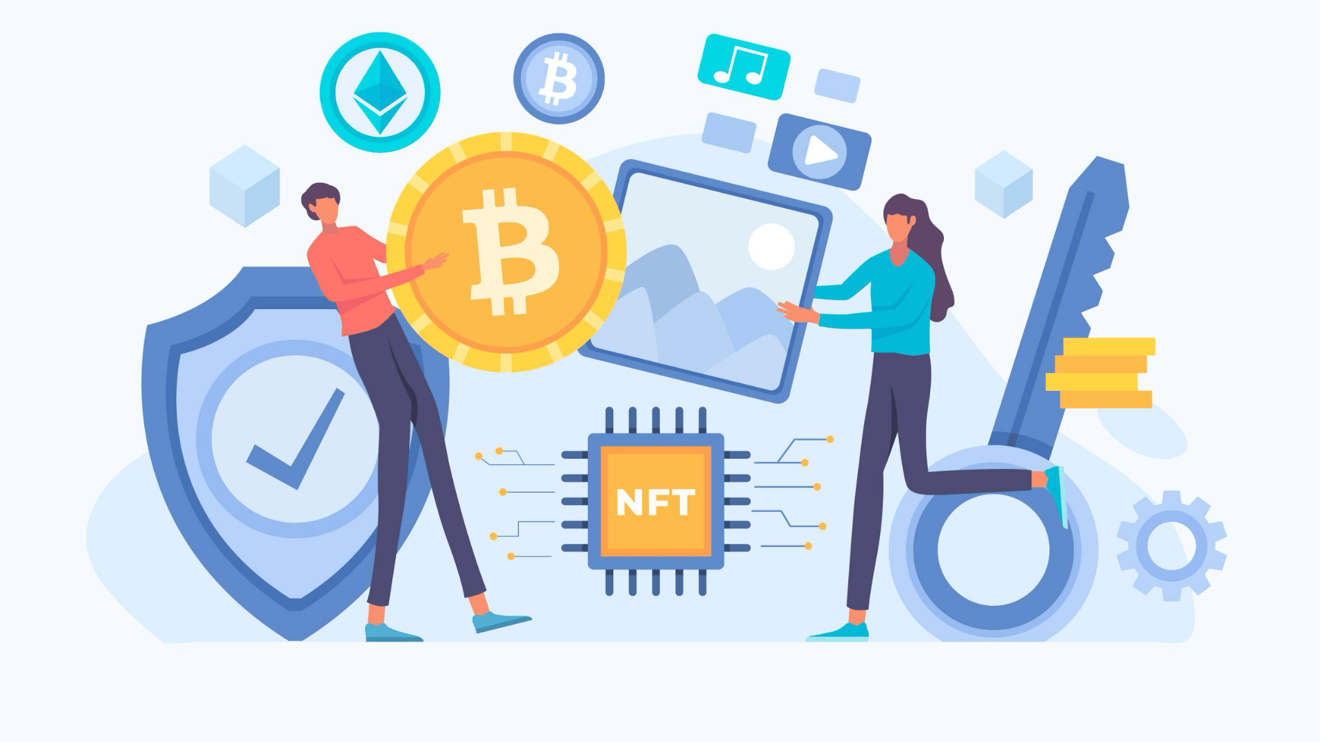 custom blockchain development services illustration with crypto coins nft security shield and digital assets