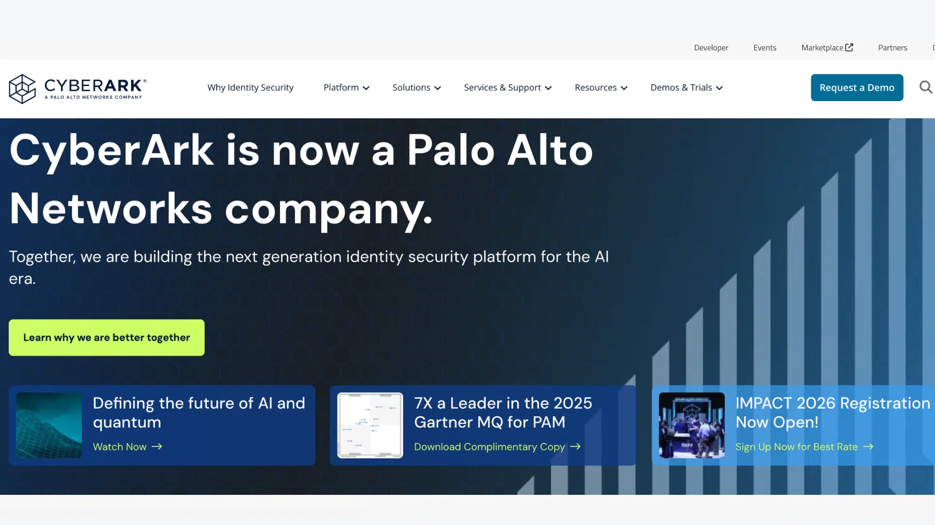 cyberark homepage banner announcing palo alto networks partnership with identity security platform and event promotions