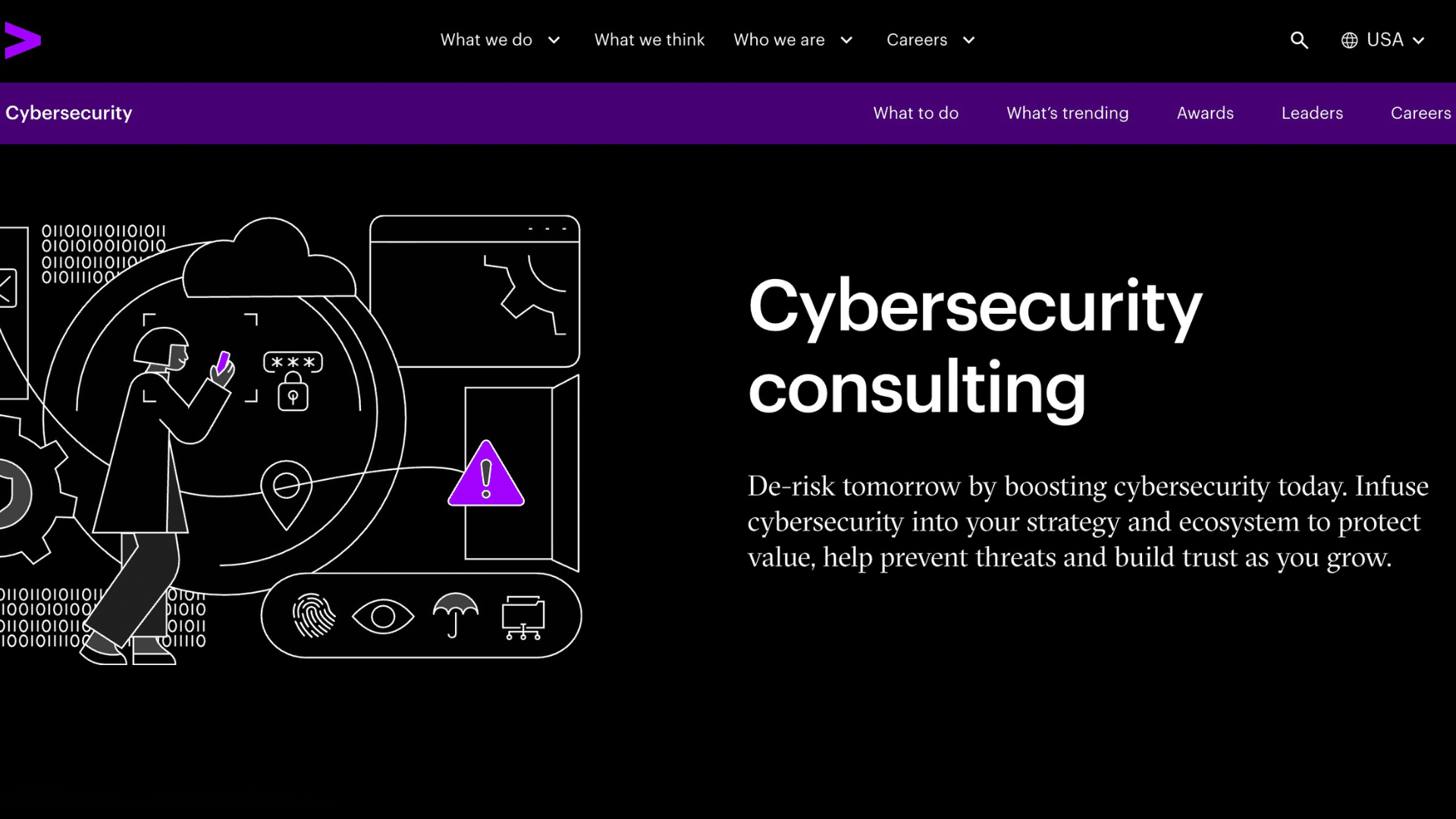 cybersecurity consulting webpage with digital security icons and a person entering password inside a protected system interface