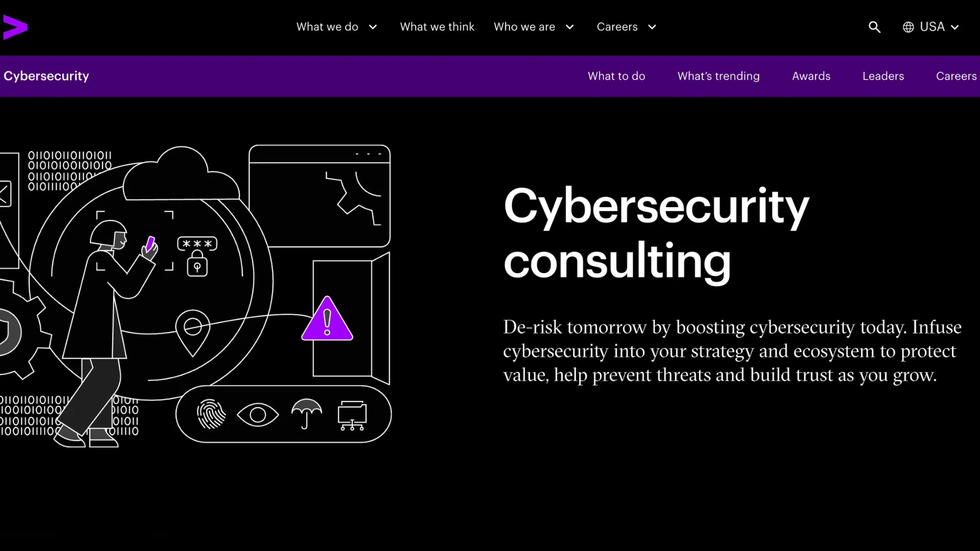 cybersecurity consulting webpage with digital security icons and a person entering password inside a protected system interface