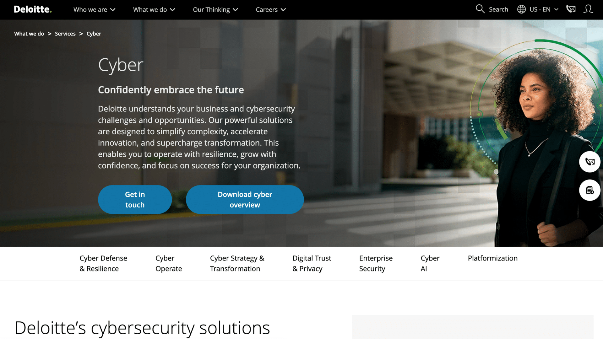 deloitte cybersecurity webpage featuring a business professional with digital security graphics and cyber consulting services