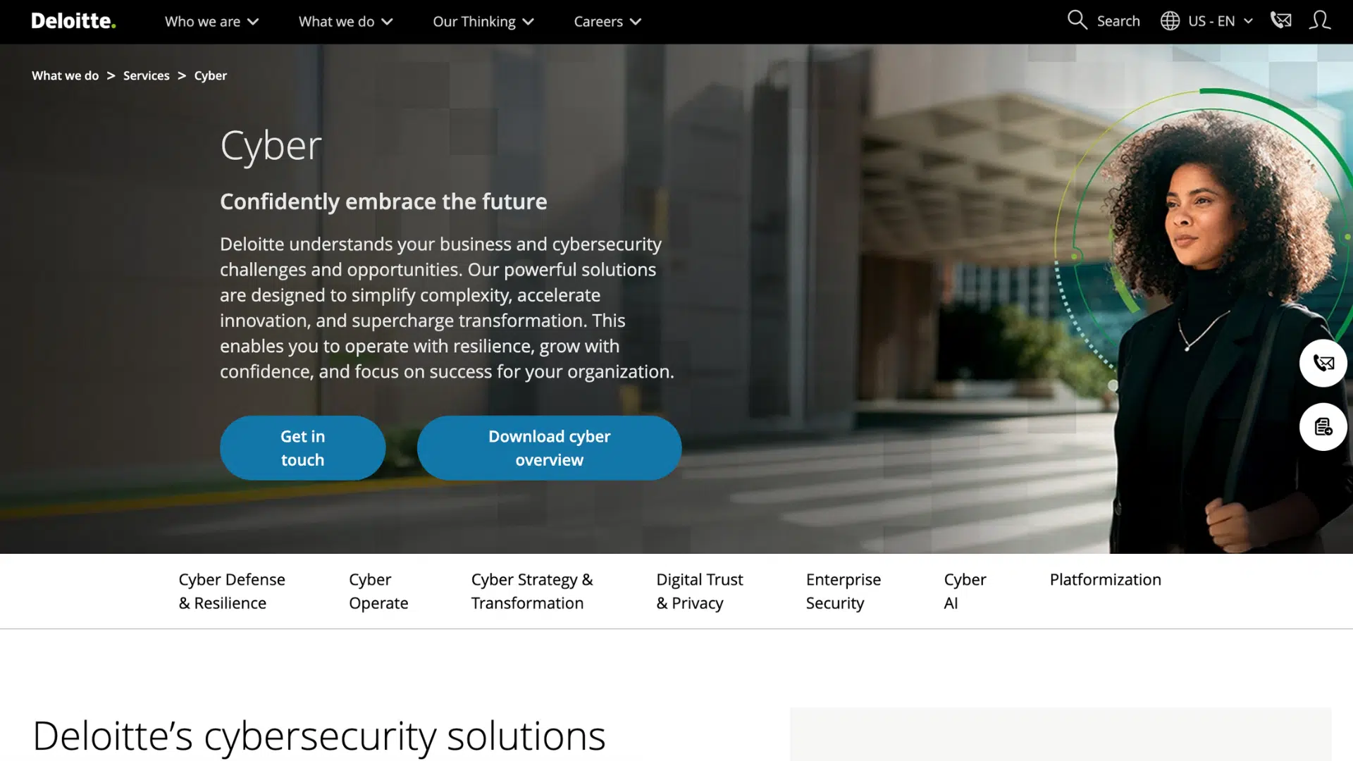 deloitte cybersecurity webpage featuring a business professional with digital security graphics and cyber consulting services