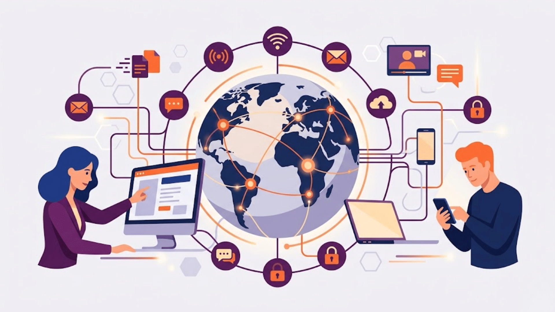 devices connected through global internet network with computers smartphone and online communication icons
