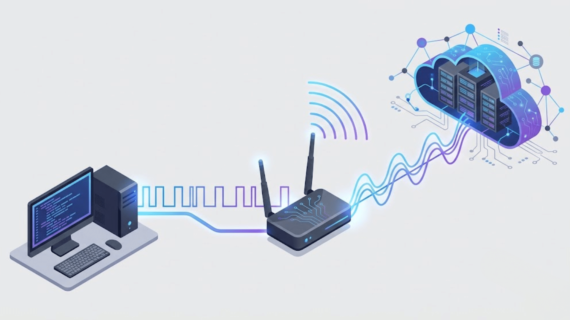 digital and analog internet signal flow between computer wireless router and cloud network