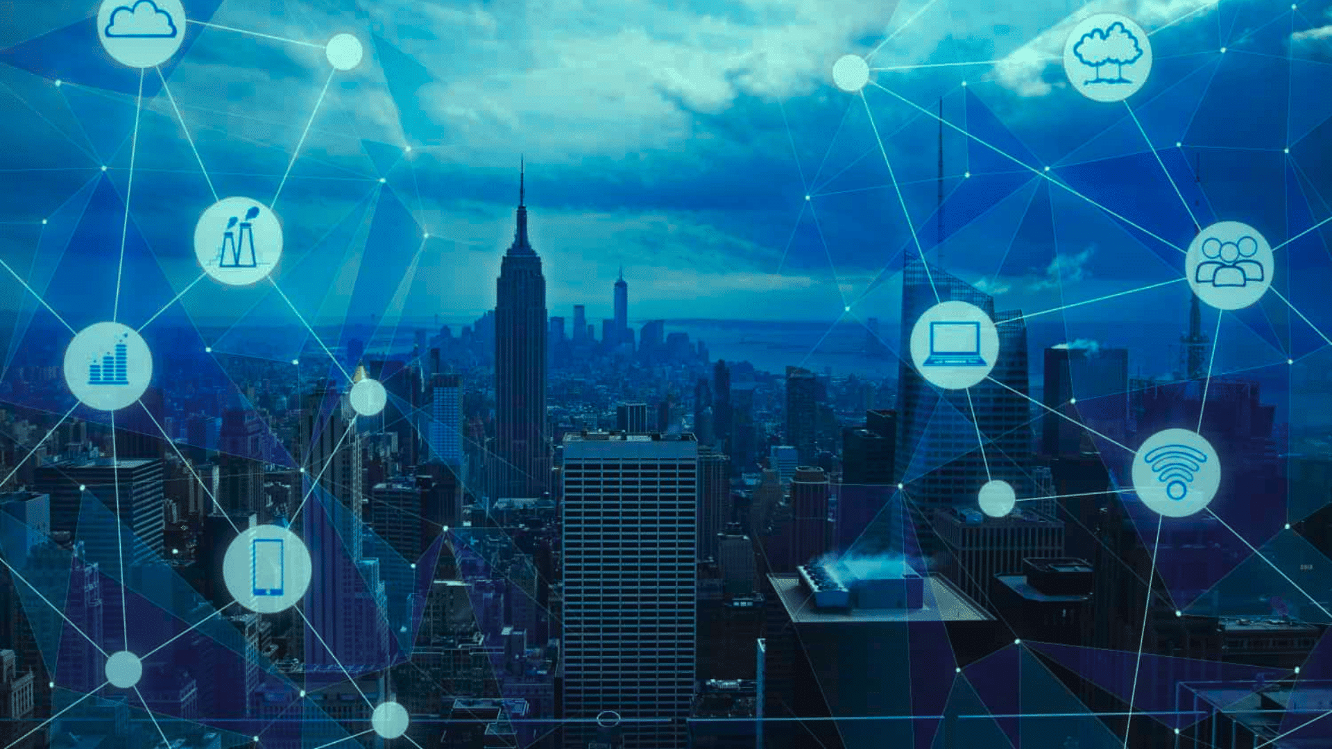 digital city skyline with cloud network icons showing business technology and digital transformation systems