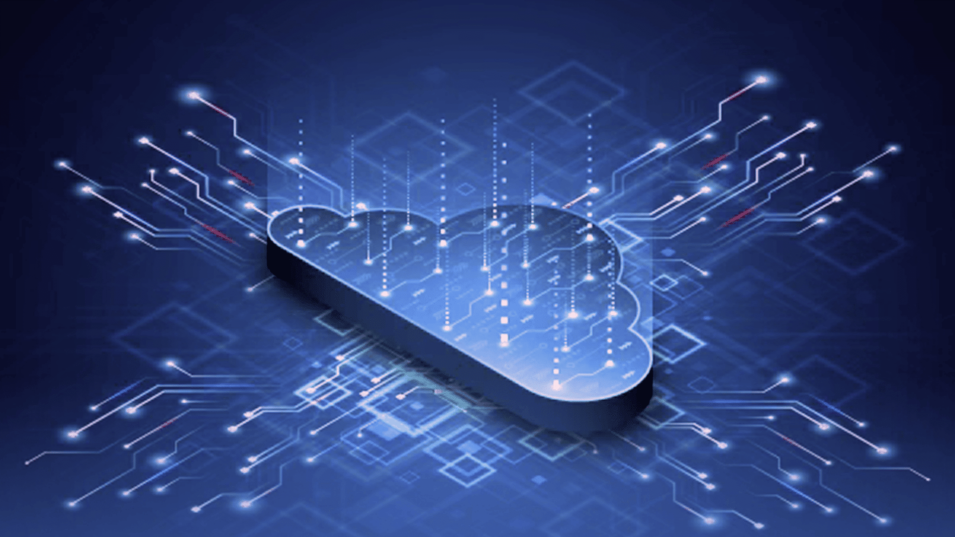 digital cloud technology graphic with connected network lines showing online data systems and cloud computing