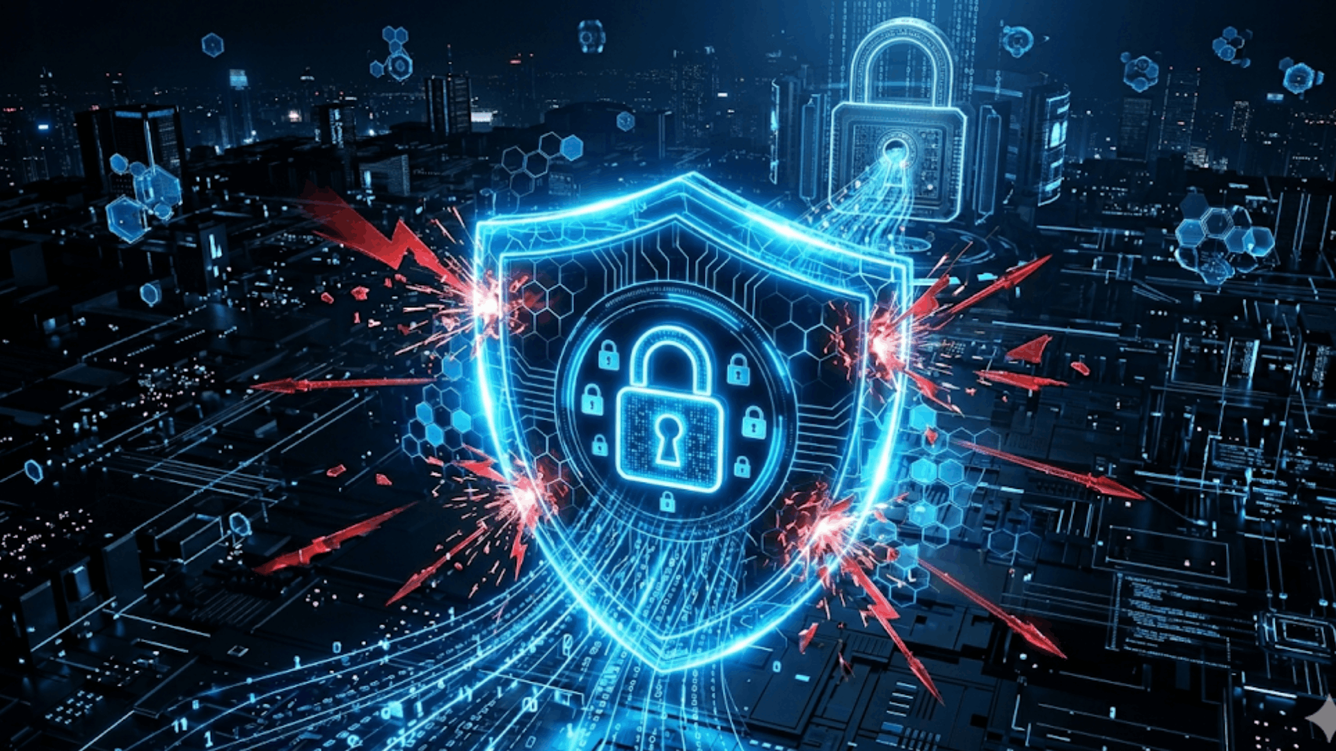 digital shield blocking cyber attacks over futuristic city network at night systems